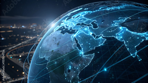 Holographic globe with glowing data grid and world map design for futuristic and global tech themes photo