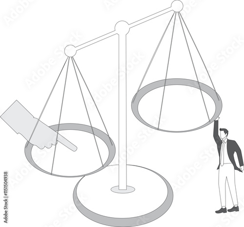 Applying pressure, job or occupational pressure, leverage, principle of leverage, equidistant huge index fingers pressing on a seesaw to make a businessman hang in the air