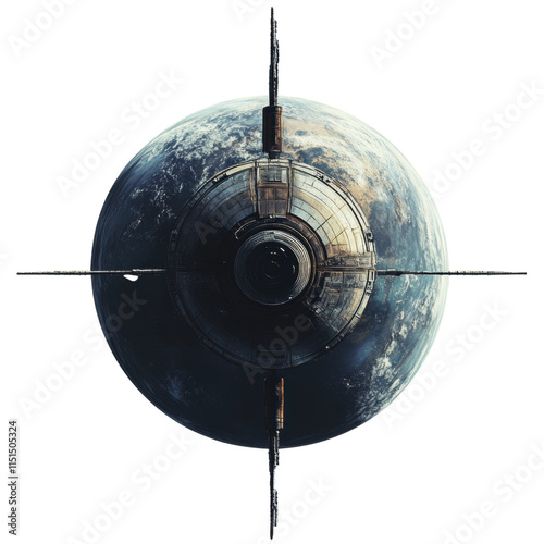 Satellite in orbit above a planet, minimalistic design, transparent background, digital illustration, celestial theme, space exploration photo