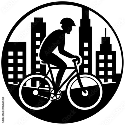 Cyclist silhouette in the city on white background