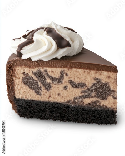 This rich chocolate cheesecake features a creamy texture, topped with whipped cream and chocolate drizzle. photo