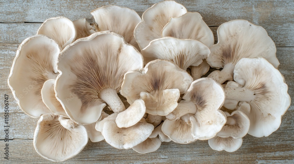 Top view of oyster mushrooms arranged beautifully on a wooden table, showcasing the natural beauty and texture of oyster mushrooms in an appealing way. Perfect for culinary or nature themes.