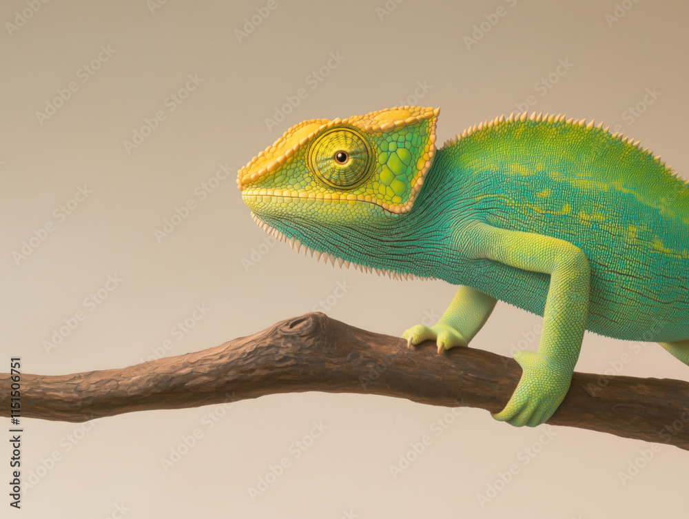 Obraz premium A Colorful Chameleon Perched on a Branch, Displaying Its Shimmering Green Scales in a Stunning Array of Textures.