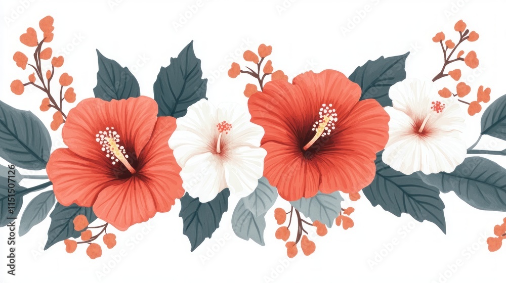 Obraz premium A beautiful arrangement of vibrant red and white hibiscus flowers surrounded by lush green leaves.