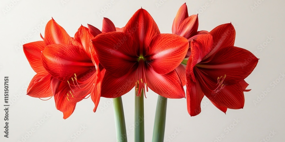 Obraz premium Stunning red amaryllis blooms elegantly displayed against a white background, highlighting the vibrant beauty of the red amaryllis in a striking yet simple composition. Ideal for floral enthusiasts.