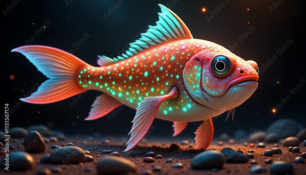 Fototapeta premium A fish with glowing spots is swimming in a dark pool