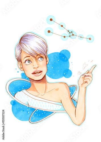 Illustration of feminine representation of Taurus Constellation. Beautiful girl in blue ethereal fantasy portrait