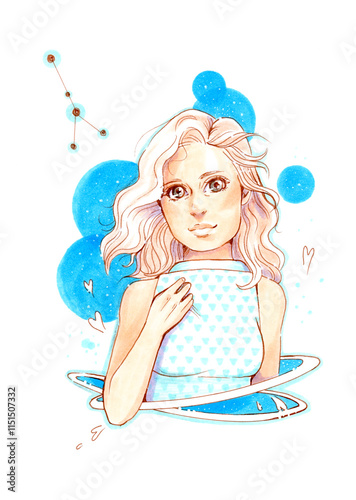Illustration of feminine representation of Cancer Constellation. Beautiful girl in blue ethereal fantasy portrait
