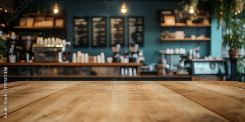 An unoccupied wooden table stands in front of a blurred coffee shop setting. This photo serves as a mockup for showcasing designs and displaying products effectively. photo