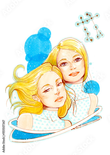 Illustration of feminine representation of Gemini Constellation. Beautiful girl in blue ethereal fantasy portrait