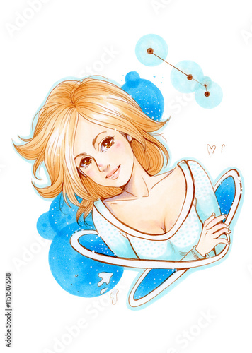 Illustration of feminine representation of Aries Constellation. Beautiful girl in blue ethereal fantasy portrait