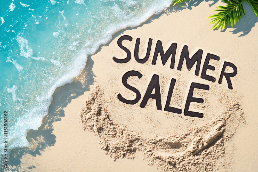 Fototapeta premium Summer Sale Banner mit Sonne Strand und Meer, Sommer Rabatt Sale Banner für Angebote im Sommer, Sommerschlussverkauf oder sonstiger Anlass, Shopping Offerte und Ausverkauf im Beach Sommer Style