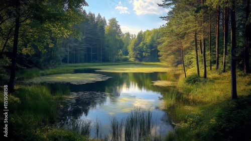 Wallpaper Mural Tranquil summer landscape featuring a serene small lake surrounded by lush forest, highlighting the beauty of nature in a vibrant summer setting with a peaceful ambiance. Torontodigital.ca