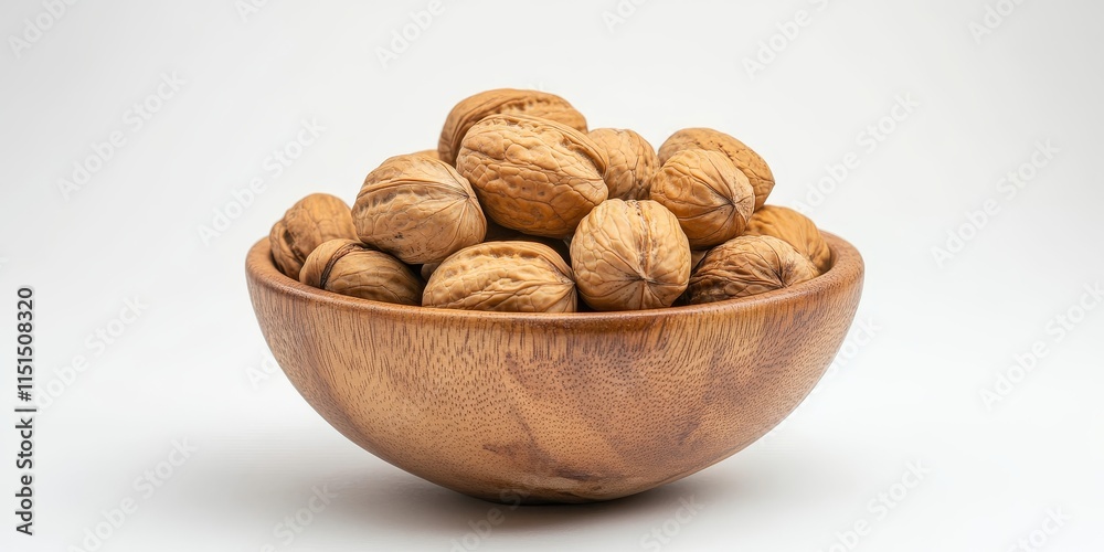 Walnuts placed in a wooden bowl, showcasing the natural beauty of walnuts, isolated against a white background for a clean and appealing presentation of walnuts. Walnuts placed in a wooden bowl, showcasing the natural beauty of walnuts, isolated against a white background for a clean and appealing presentation of walnuts.