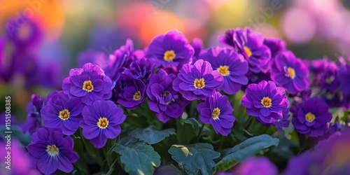 A vibrant mass of purple polyanthus flowers creates a stunning visual display. These purple polyanthus flowers exhibit a lively burst of color, adding beauty to any landscape or garden setting.