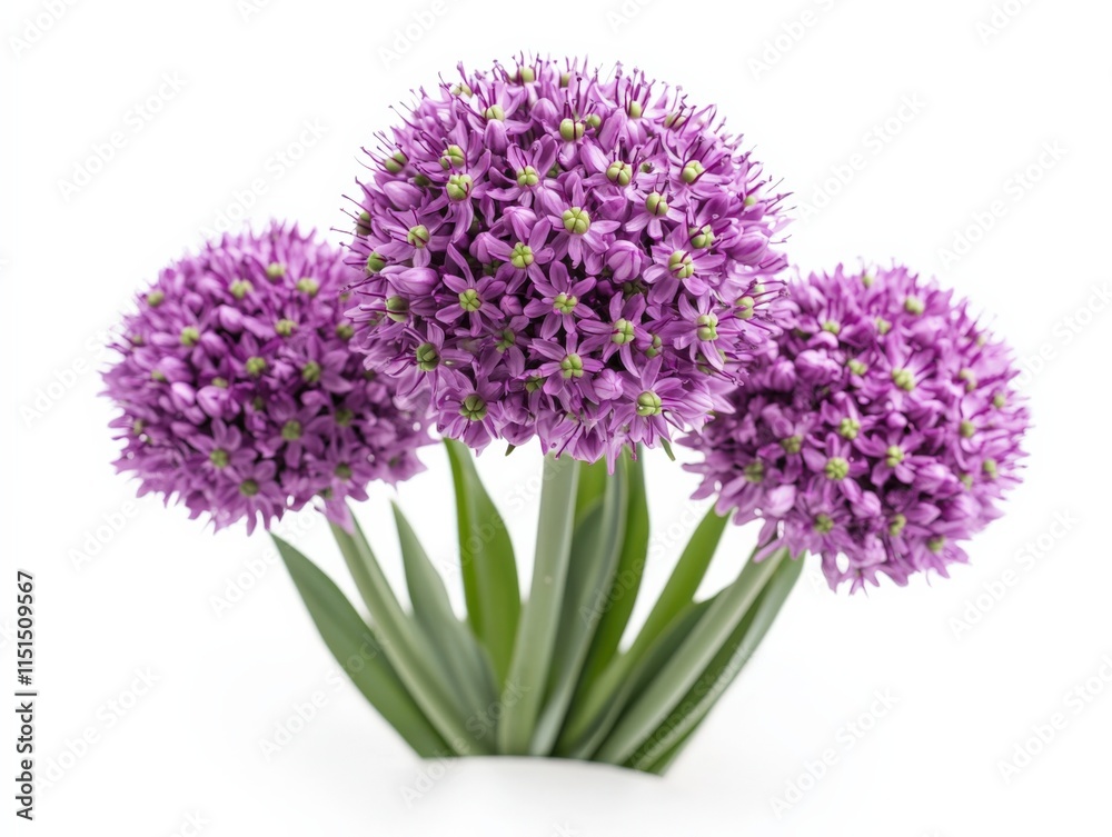 Three purple allium flowers on a white background Three purple allium flowers on a white background