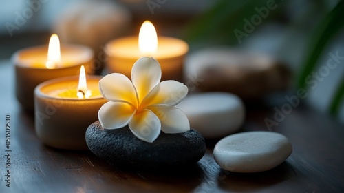 Aromatic candles, frangipani flowers, and cold and hot stones create a serene spa still life setting, perfect for relaxation and tranquility in your spa atmosphere.