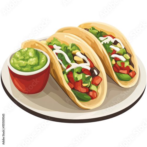 Taco platter icon with guacamole, vibrant colors, transparent background, ideal for menus, food apps, or culinary designs