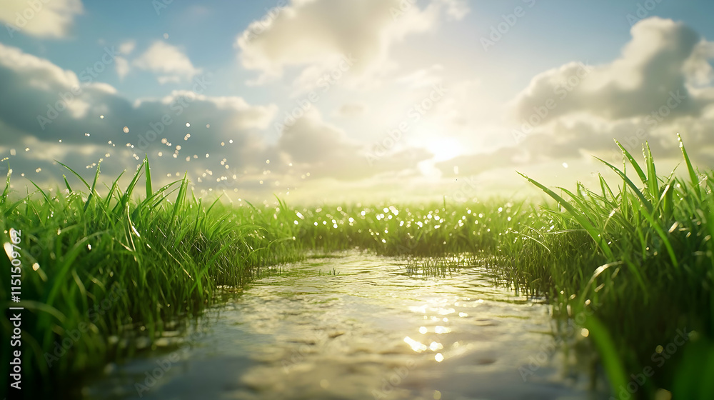 Naklejka premium Serene Landscape: Green Grass, Sparkling Water, and a Sunny Sky