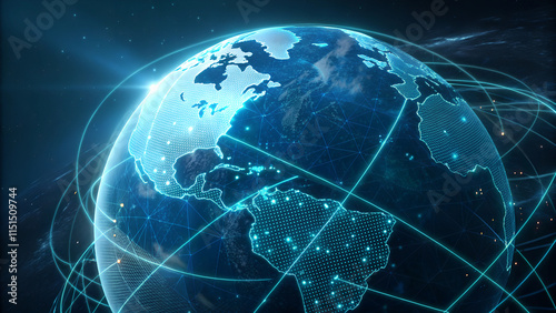 Holographic globe with glowing data grid and world map design for futuristic and global tech themes