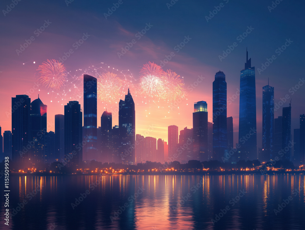 Obraz premium A Luminous Futuristic Cityscape: Celebrating Unity and Excitement Amidst Dazzling Fireworks and Digital Connections in a Thriving Urban Landscape.