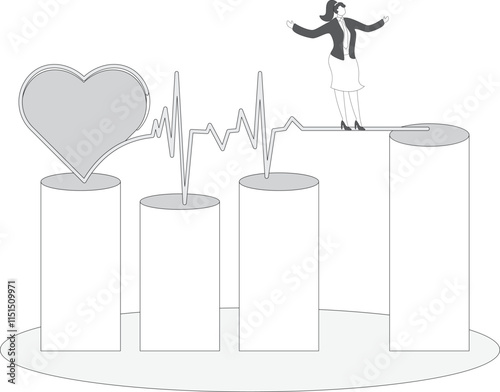 Healthy Lifestyle, Pharmaceuticals and Medical Health, Work-Life Balance and Health Risks, Businesswoman Walking on the Heart Pulse to Maintain Balance