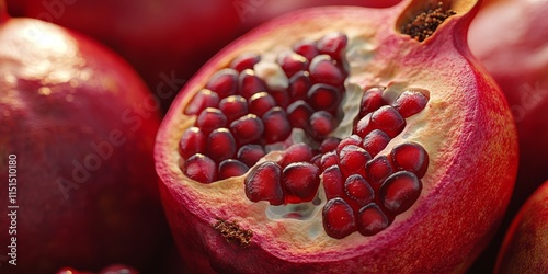 Vibrant and ripe pomegranate showcasing its juicy grains, this delicious and healthy pomegranate is beautifully divided into several parts, offering a close up of the fruit s appealing texture. photo