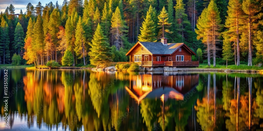 Fototapeta premium Escape to a cozy Scandinavian lake cabin nestled amongst tall trees, offering stunning nature photography and peaceful Nordic architecture.