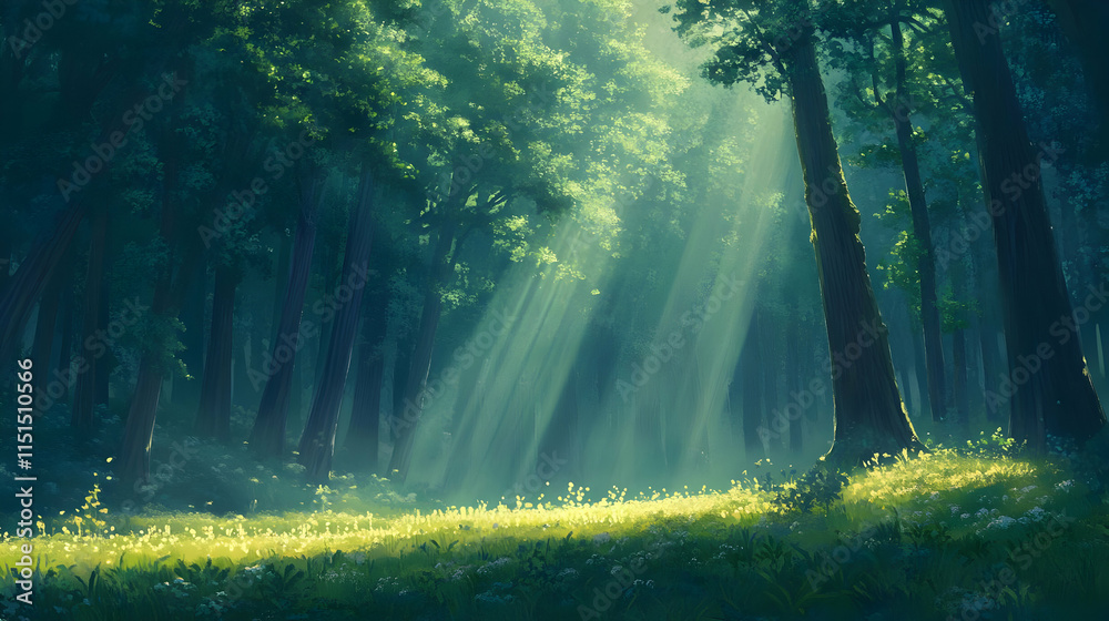 Sunlit Forest: A Mystical Landscape of Green Trees and Tranquil Nature Sunlit Forest: A Mystical Landscape of Green Trees and Tranquil Nature