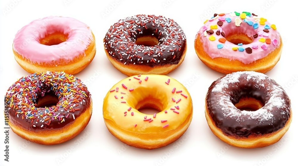 Isolated donuts displayed on a white background, highlighting the delicious appeal of donuts in every angle. This image captures the delightful essence of donuts perfect for various uses. Isolated donuts displayed on a white background, highlighting the delicious appeal of donuts in every angle. This image captures the delightful essence of donuts perfect for various uses.