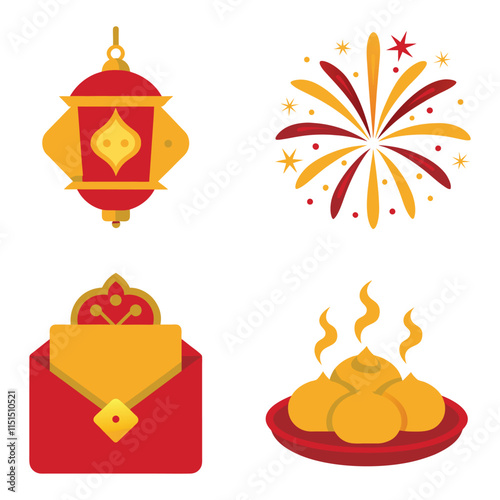 Set of Chinese New Year Vector Illustrations - Lantern, Fireworks, Red Envelope, and Dumplings