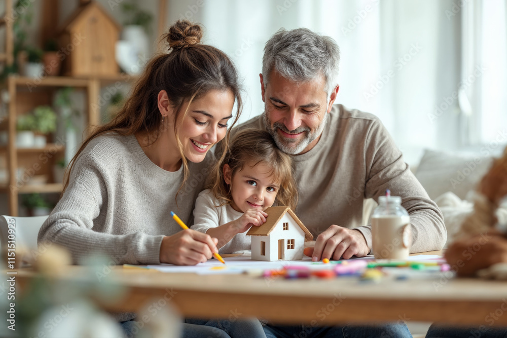 Happy family creating a paper dream house together Happy family creating a paper dream house together