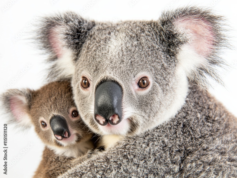 Naklejka premium close-up of mother and baby koala on white background