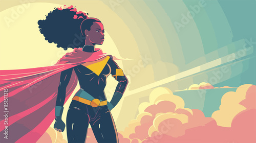 Empowering Black Female Superhero Flat Vector Illustration photo