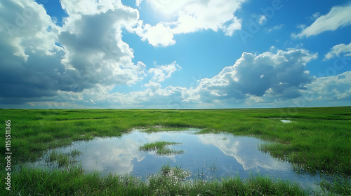 Stunning Landscape: Serene Green Field with Blue Sky and Clouds