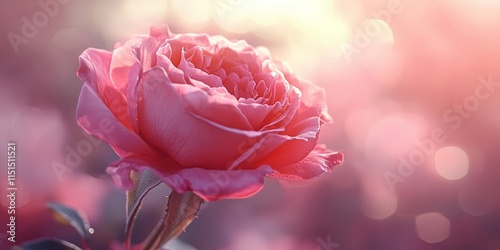 A stunning closeup of a beautiful pink garden rose showcases its delicate petals against a softly blurred background, highlighting the exquisite beauty of the pink garden rose. photo