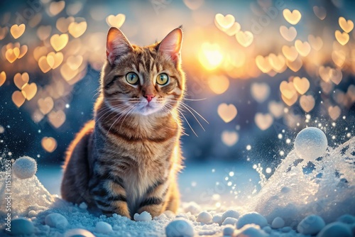 Frosted fur, icy gaze, water droplets cling; a winter cat, sharply in focus.