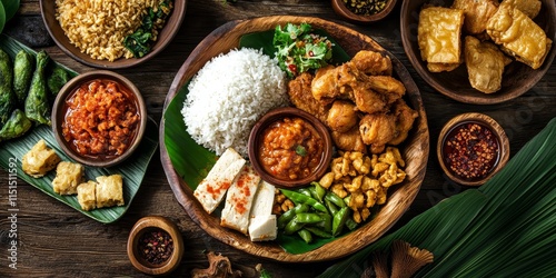 Nasi Tutug Oncom is a traditional meal featuring rice mixed with fermented soybean. Enjoy Nasi Tutug Oncom with fried chicken, tempeh, tofu, salted fish, vegetables, chili paste, and crackers. photo