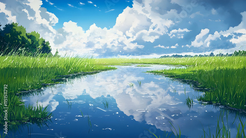 Serene Summer Landscape: Clouds Reflecting on a Calm River