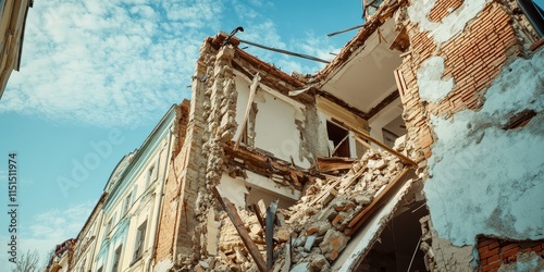 Damaged building due to an earthquake, showcasing the impact of the earthquake on structures. The devastating earthquake has left the building in ruins, highlighting the destruction caused by the