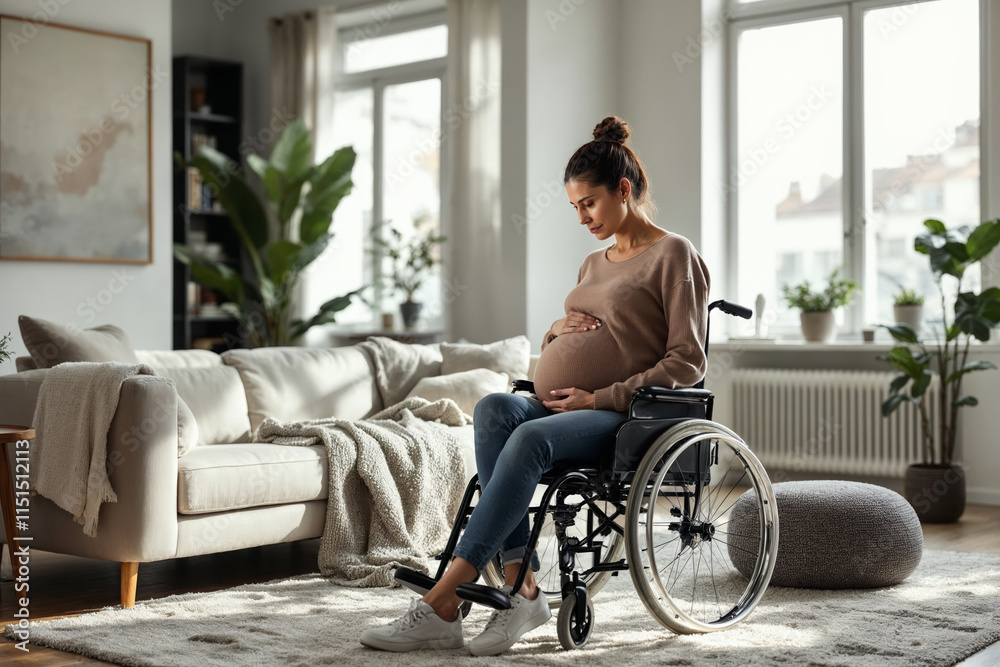 Pregnant Woman in Wheelchair at Home, Holding Belly, Surrounded by Bright, Cozy Living Room Environment Pregnant Woman in Wheelchair at Home, Holding Belly, Surrounded by Bright, Cozy Living Room Environment