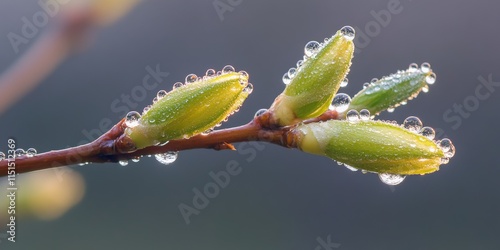 Green bud of willow adorned with morning dew droplets on the branch, showcasing the delicate beauty of nature s freshness in the early hours. Green bud captures tranquility and vitality beautifully. photo