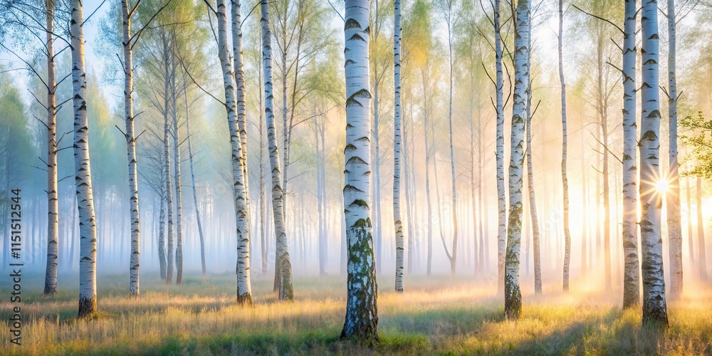 Serene Sunrise in a Misty Birch Forest with Golden Sunlight Filtering Through the Trees