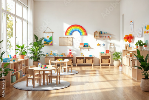 kindergarten interior with wooden furniture, rainbow wall art, educational toys, and natural light.
