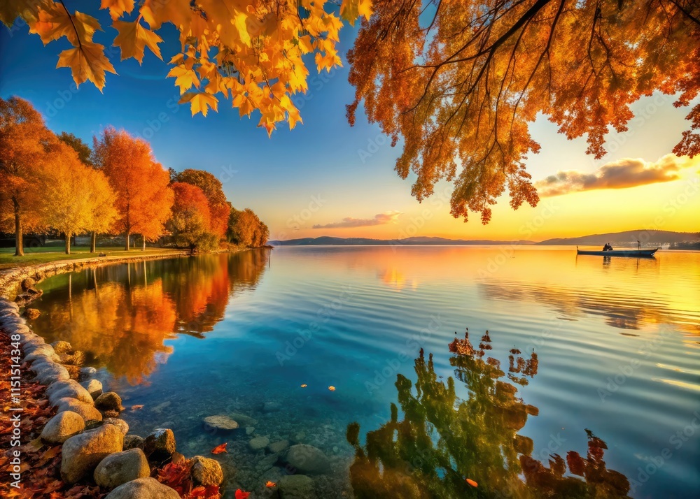 Φωτογραφία Golden hour paints Lake Balaton's autumn foliage in breathtaking hues, a Hungarian landscape masterpiece