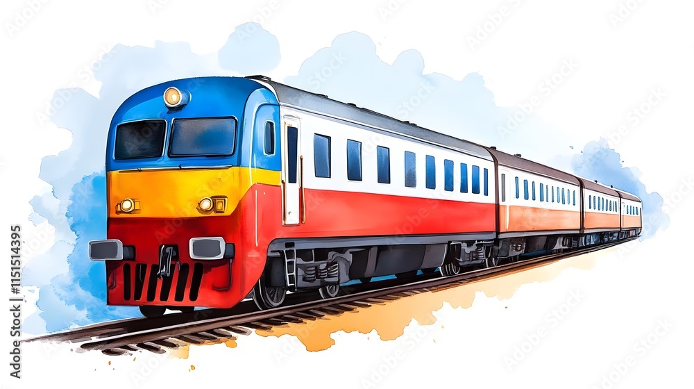Vibrant Art of a Colorful Train Moving Through Scenic Landscape in Watercolor Style Vibrant Art of a Colorful Train Moving Through Scenic Landscape in Watercolor Style