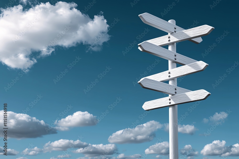 A white multi-directional signpost stands against a clear blue sky with scattered clouds, symbolizing direction, choice, and journey A white multi-directional signpost stands against a clear blue sky with scattered clouds, symbolizing direction, choice, and journey