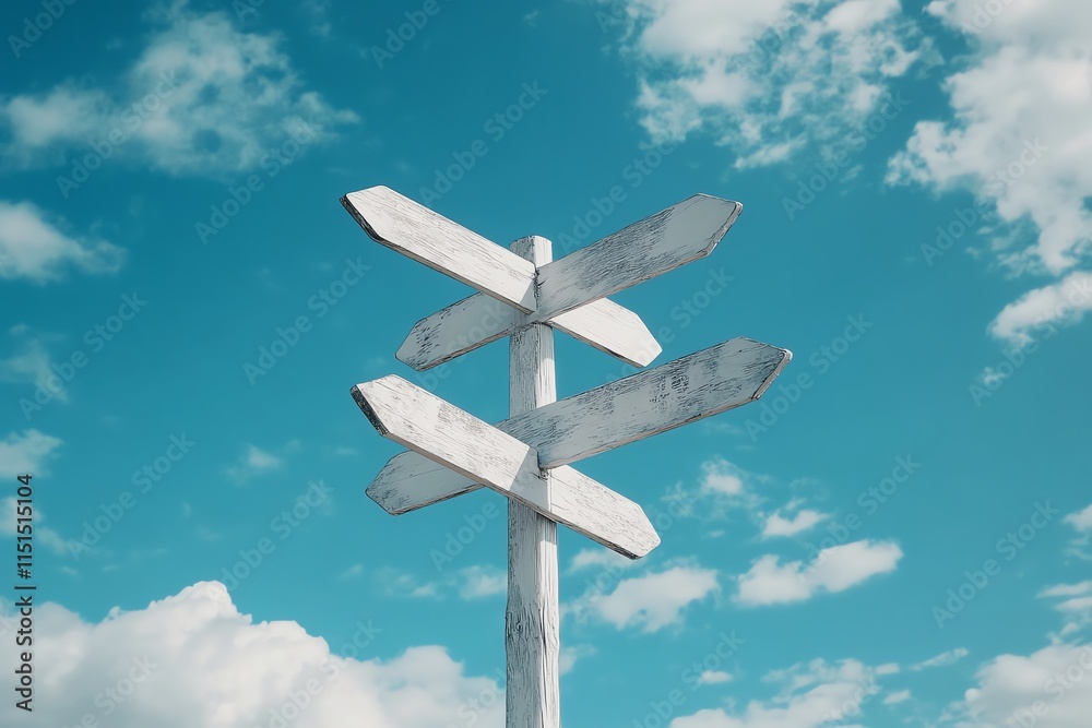 Wooden signpost with multiple blank arrows under a vibrant blue sky with clouds, symbolizing direction, decision-making, and travel possibilities. Wooden signpost with multiple blank arrows under a vibrant blue sky with clouds, symbolizing direction, decision-making, and travel possibilities.