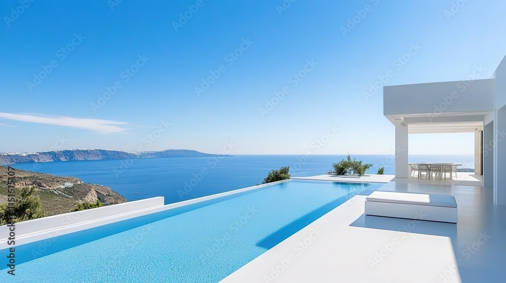 Fototapeta premium A sleek, minimalist white villa with an infinity pool overlooking the Mediterranean Sea under clear blue skies.