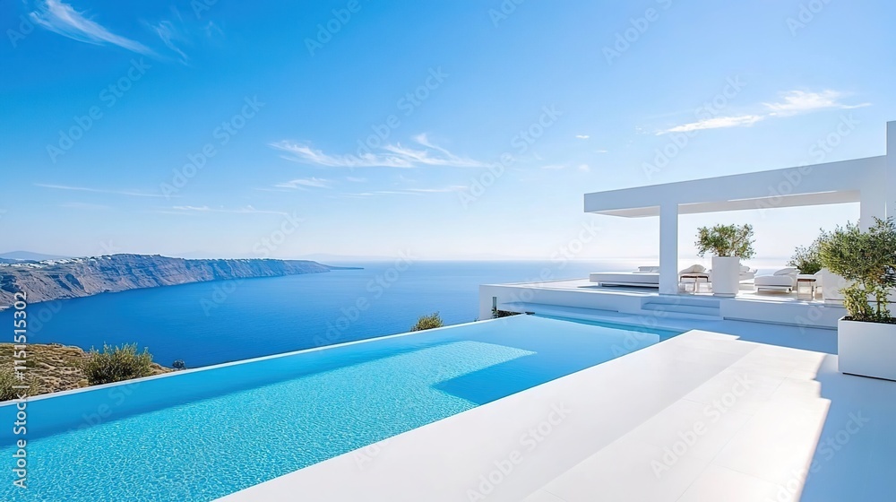 A sleek, minimalist white villa with an infinity pool overlooking the Mediterranean Sea under clear blue skies. 